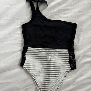 Fleur du Mal Black and White Striped one piece swimsuit